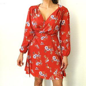 Dokotoo Mini Wrap Dress Floral Brick Adjustable